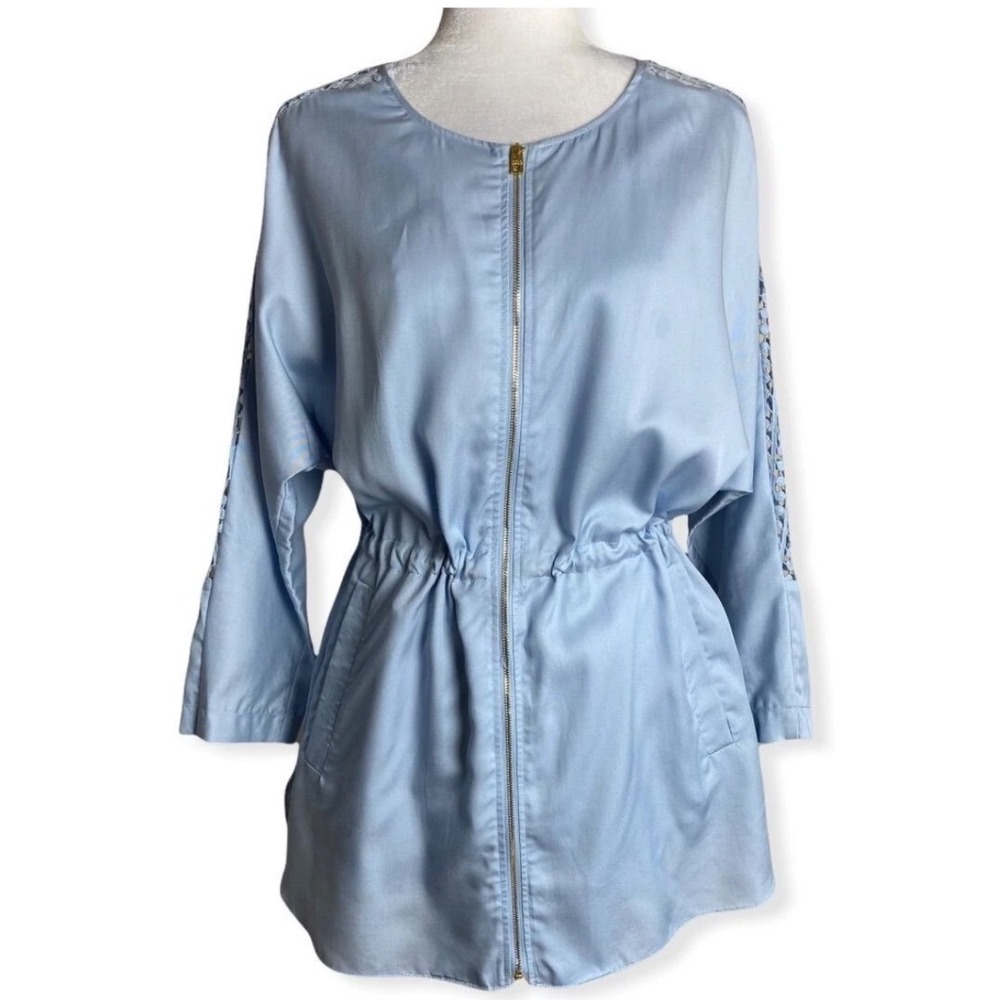Marc New York Andrew Marc Blue Crochet Lace Zip Front Cinched Waist Jacket Small